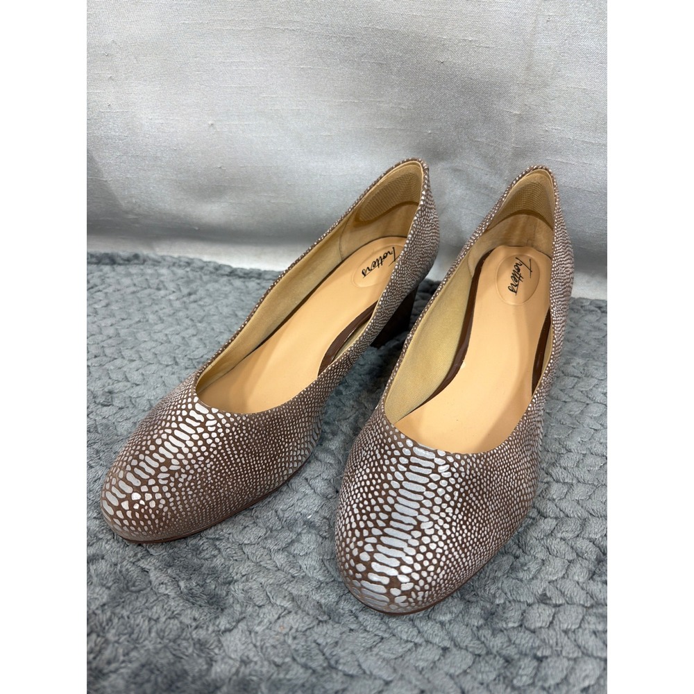 Trotters Womens 10.5 Brown White Textured Reptile Print Rnd. Toe Block Heel Pump